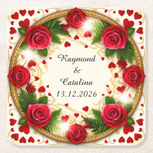 Posavasos Cuadrado De Papel Marco floral con rosas rojas