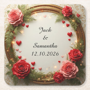 Posavasos Cuadrado De Papel Marco Floral con Rosas Rojas y Rosadas