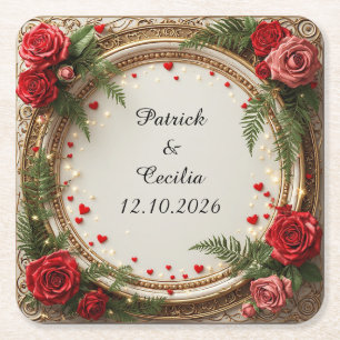 Posavasos Cuadrado De Papel Marco floral con rosas rojas y rosadas