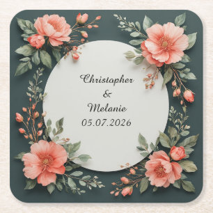 Posavasos Cuadrado De Papel Marco floral de acuarela elegante