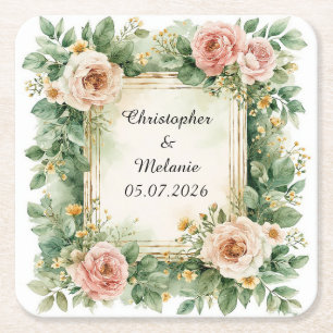 Posavasos Cuadrado De Papel Marco floral de acuarela elegante