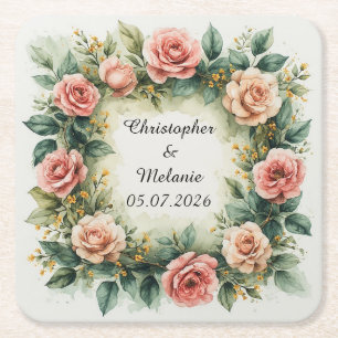 Posavasos Cuadrado De Papel Marco floral de acuarela elegante