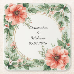 Posavasos Cuadrado De Papel Marco floral de acuarela elegante