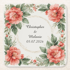 Posavasos Cuadrado De Papel Marco floral de acuarela elegante