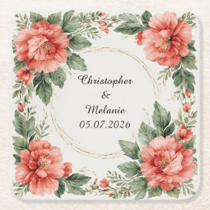 Posavasos Cuadrado De Papel Marco floral de acuarela elegante