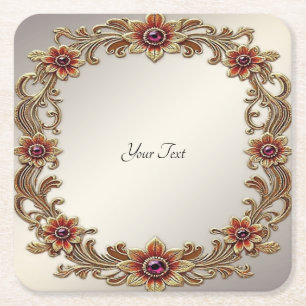 Posavasos Cuadrado De Papel Marco floral dorado con escayola de papel de piedr