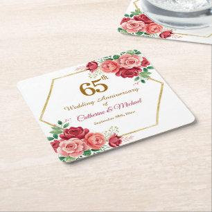 Posavasos Cuadrado De Papel Marco floral dorado del 65º aniversario de bodas