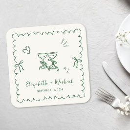 Posavasos Cuadrado De Papel Marco Ondulado Verde Caprichoso Bodas Crema