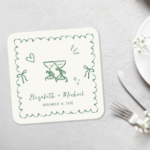 Posavasos Cuadrado De Papel Marco Ondulado Verde Caprichoso Bodas Crema