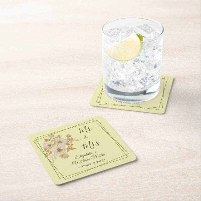 Posavasos Cuadrado De Papel Marco Rosa - Boda amarillo celestial (In situ)