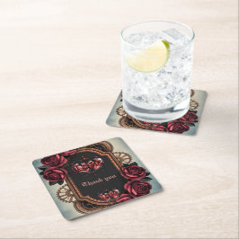 Posavasos Cuadrado De Papel Marco Steampunk con rosas y engranajes rojos