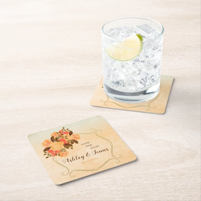 Posavasos Cuadrado De Papel Marco Y Flores De Oro (In situ)