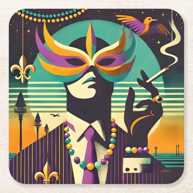 Posavasos Cuadrado De Papel Mardi Gras El hombre fumador (Anverso)