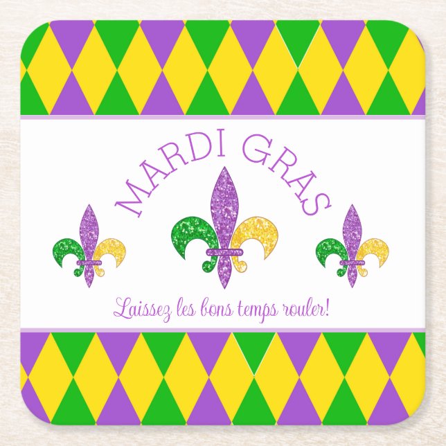 Posavasos Cuadrado De Papel ¡Mardi Gras! Que los buenos tiempos hagan la monta (Anverso)