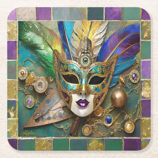 Posavasos Cuadrado De Papel Mardi Gras Tercer Ojo Máscara De Pescado De Cerámi (Anverso)