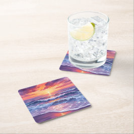 Posavasos Cuadrado De Papel Marea Violeta | Olas del Océano Puestas de Sol Mor