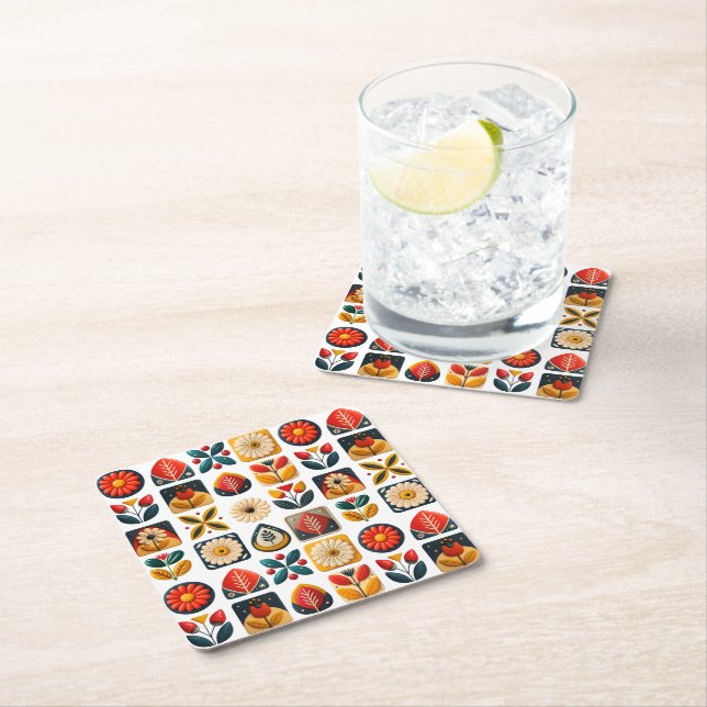 Posavasos Cuadrado De Papel Mareo del mosaico floral retro de arte folclórico (In situ)