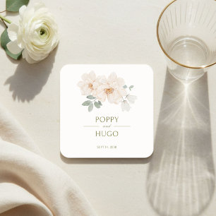 Posavasos Cuadrado De Papel Marfil Blanco    Boda Floral Acuarela 