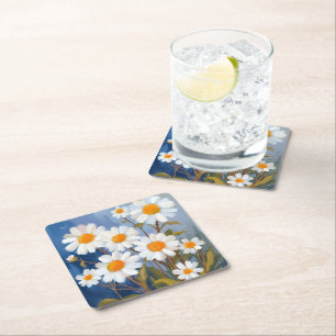 Posavasos Cuadrado De Papel Margaritas Blancas Acuarela Flores Pintadas