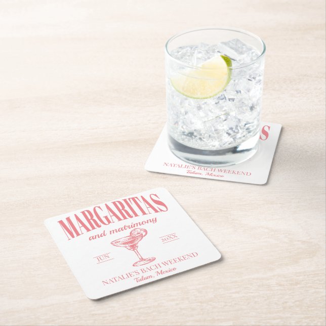 Posavasos Cuadrado De Papel Margaritas Y Bachelorette Personalizada De Matrimo (In situ)