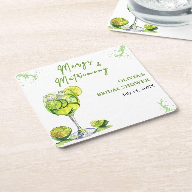 Posavasos Cuadrado De Papel Margs and Matrimony Cocktail Bridal Shower (En perspectiva)