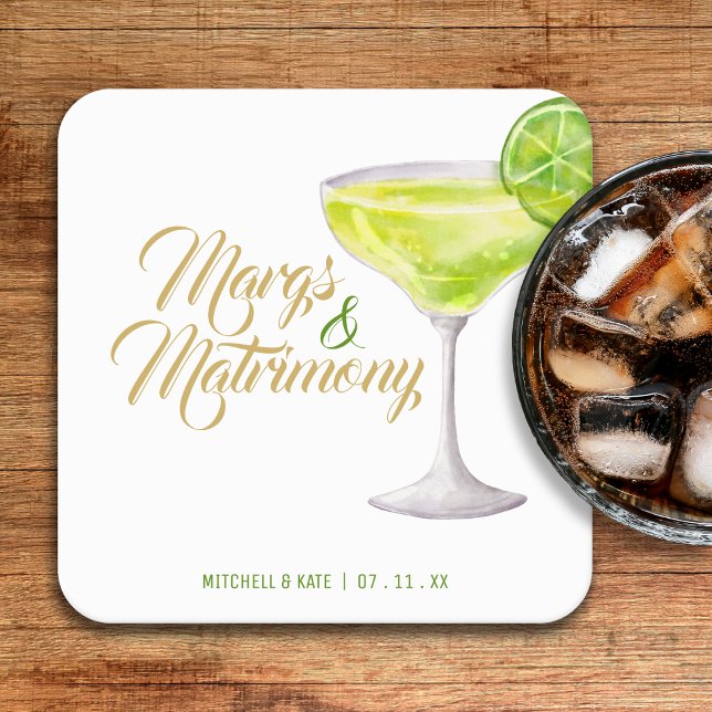 Posavasos Cuadrado De Papel Margs & Matrimony Green & Gold Bridal Shower (Margs & Matrimony Green & Gold Bridal Shower Square Paper Coaster
)