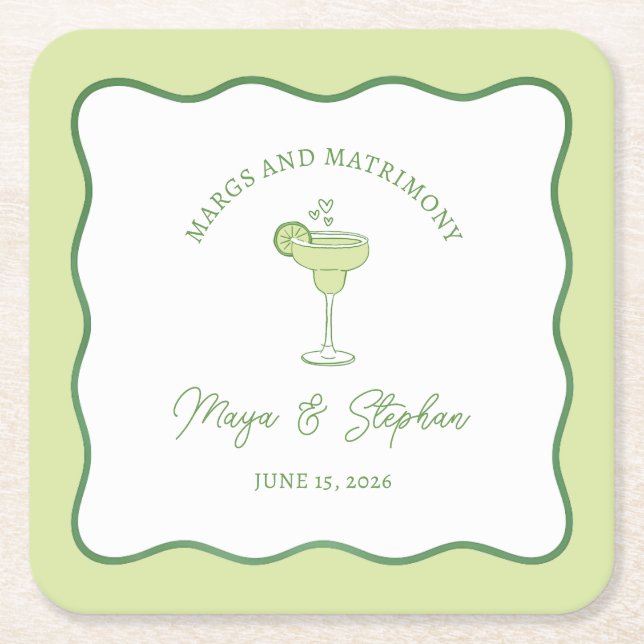Posavasos Cuadrado De Papel "Margs & Matrimony" Simple Lime Margarita Wedding (Anverso)