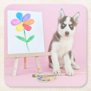 Posavasos Cuadrado De Papel Marioneta pintando una flor arco iris