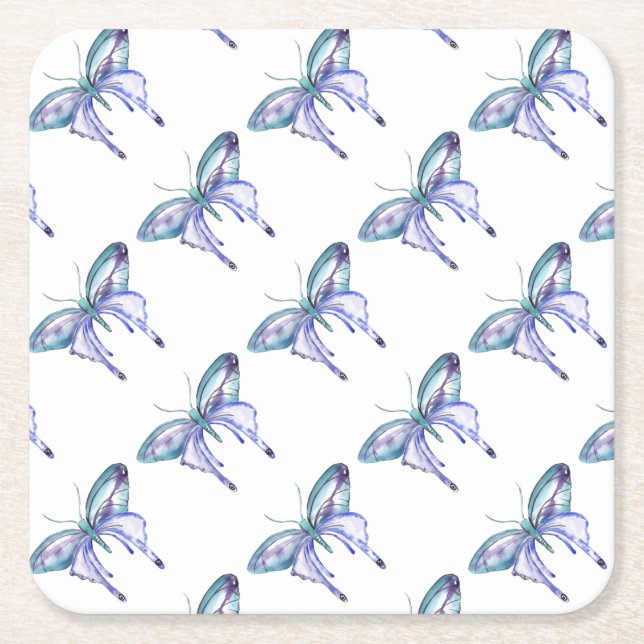 Posavasos Cuadrado De Papel Mariposa acuarela azul Aqua Purple (Anverso)