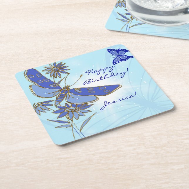 Posavasos Cuadrado De Papel Mariposa Azul (En perspectiva)
