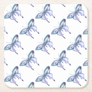 Posavasos Cuadrado De Papel Mariposa azul acuarela Aqua Morado