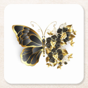 Posavasos Cuadrado De Papel Mariposa de flor de oro con orquídea negra