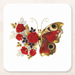 Posavasos Cuadrado De Papel Mariposa de flor roja con rosas rojas