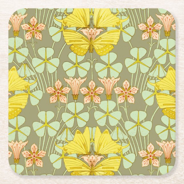 Posavasos Cuadrado De Papel Mariposa Floral Colorido Botánico (Anverso)