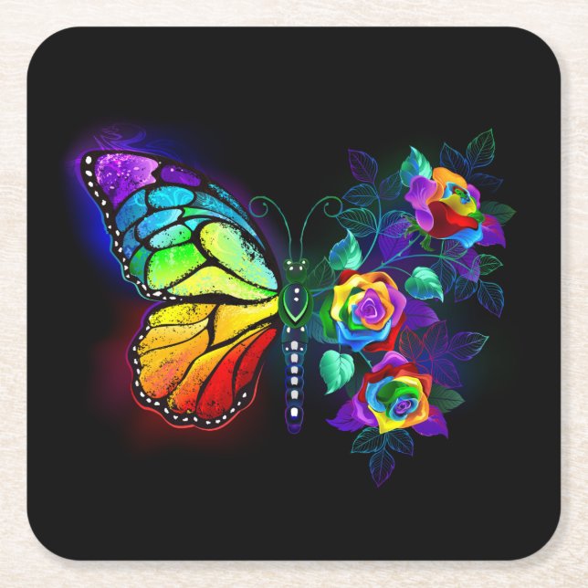 Posavasos Cuadrado De Papel Mariposa florida arcoiris (Anverso)