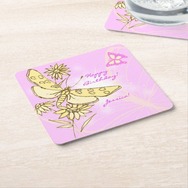 Posavasos Cuadrado De Papel Mariposa Melocotón Rosa (En perspectiva)