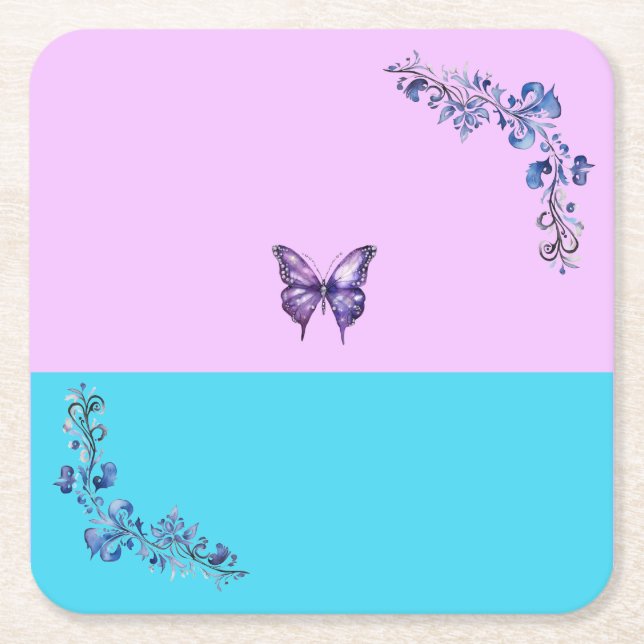 Posavasos Cuadrado De Papel Mariposa morada de moda en pasteles de papel (Anverso)