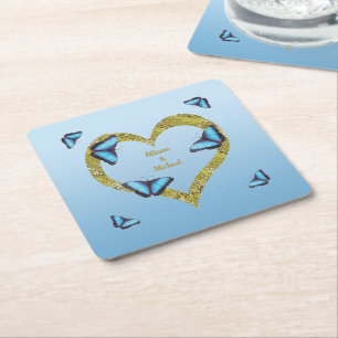 Posavasos Cuadrado De Papel Mariposa morfo azul con corazón dorado