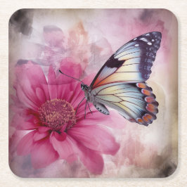 Posavasos Cuadrado De Papel Mariposa soñada en lienzo floral