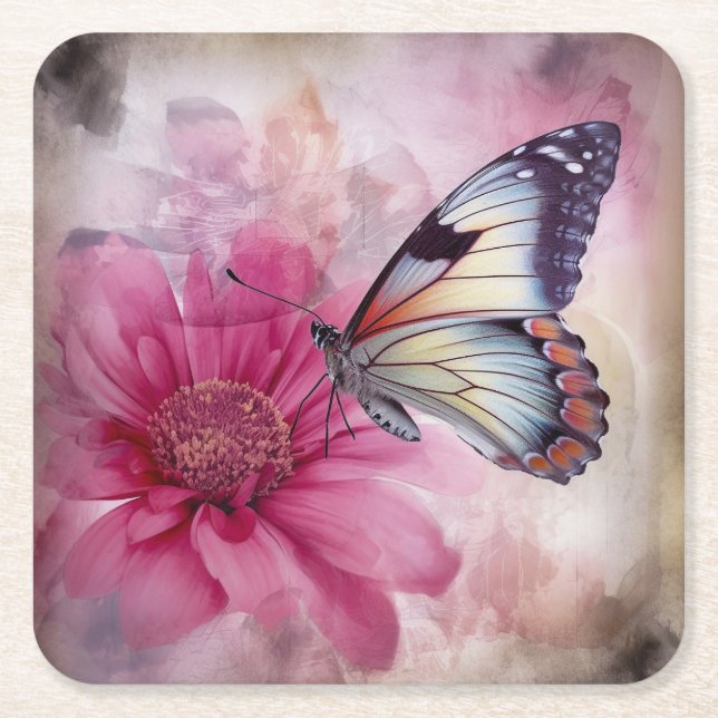 Posavasos Cuadrado De Papel Mariposa soñada en lienzo floral (Anverso)
