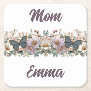 Posavasos Cuadrado De Papel Mariposa verde y floral vintage para mamá