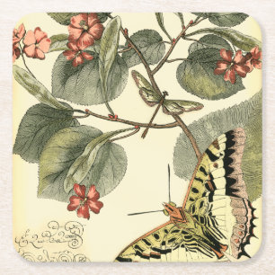 Posavasos Cuadrado De Papel Mariposa y libélula con las flores rojas