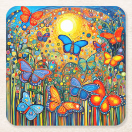 Posavasos Cuadrado De Papel Mariposas ascendiendo al amanecer