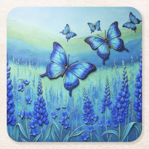 Posavasos Cuadrado De Papel Mariposas Azules con Flores Azules,