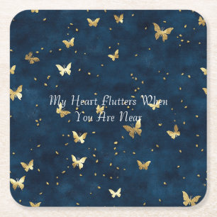 Posavasos Cuadrado De Papel Mariposas Bodas de Azul Dorado