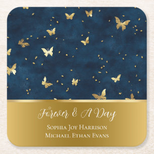 Posavasos Cuadrado De Papel Mariposas Bodas de Oro Azul 