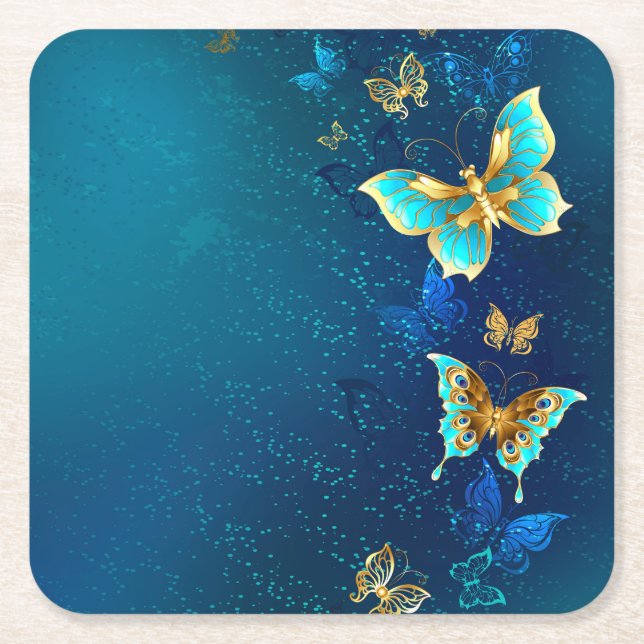 Posavasos Cuadrado De Papel Mariposas doradas sobre fondo azul (Anverso)