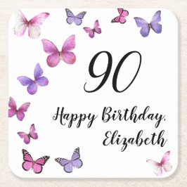 Posavasos Cuadrado De Papel Mariposas elegantes para 90 cumpleaños con nombre 