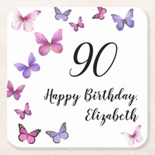 Posavasos Cuadrado De Papel Mariposas elegantes para 90 cumpleaños con nombre