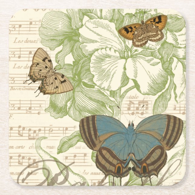 Posavasos Cuadrado De Papel Mariposas en la música de hojas con diseño floral (Anverso)